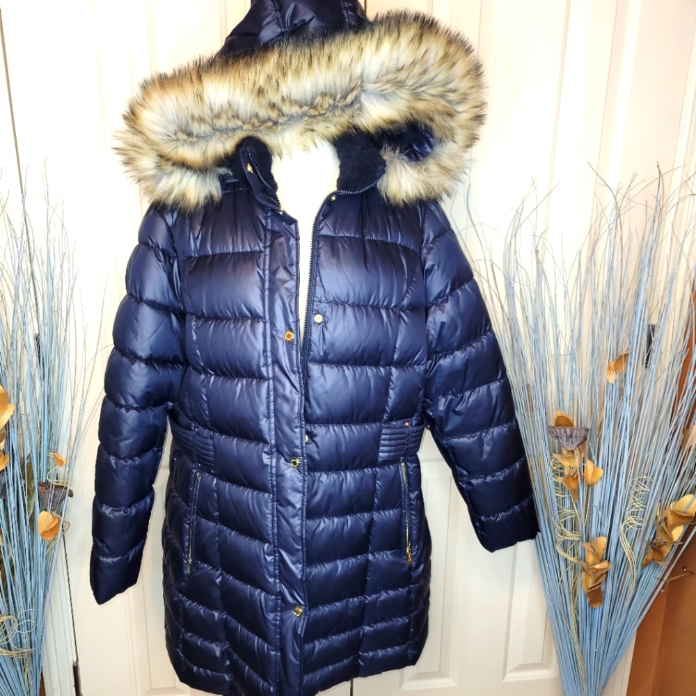 Laundry puff mid thigh coat, 1X, dk blue